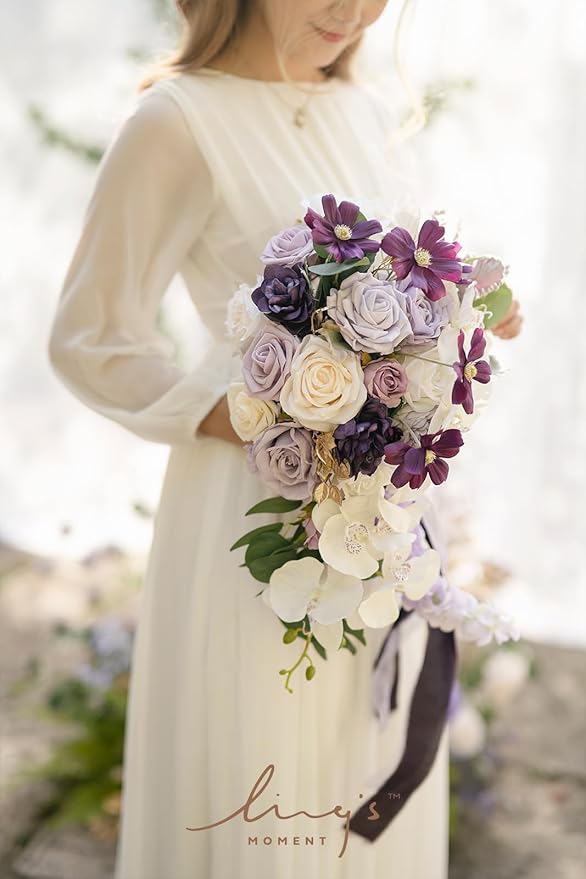 Ling's moment Purple Bridal Bouquet Cascading, Lilac Wedding Bouquets for Bride, 13 Inch Lavender Bride Artificial Flowers Bouquets