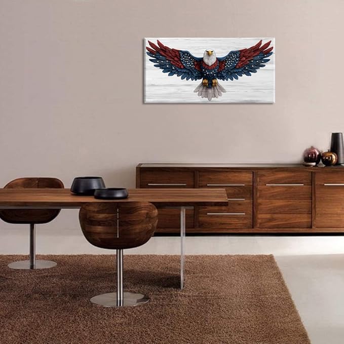 Bald Eagle Canvas Wall Art American Eagle Wall Décor -American Bald Red Blue Flag Canvas Wall Art Usa Independence Day Prints Painting Ready to Hang for Living Room, Bedroom, Office, Dorm '40L" x 20W"