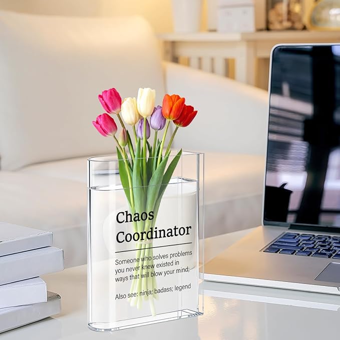 Chaos Coordinator Bosses Day Gifts for Women Men Manager Funny Office Decor for Women Wooden Acrylic Book Flower Vase National Boss Day Decorations Gifts for Leader HR Manager Bookshelf Desk Decor