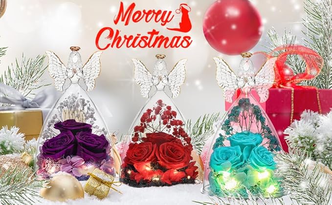 Mothers Day Mom Gifts for Women Preserved Flowers in Glass Angel Forever Flowers Gifts Eternal Roses Gifts for Grandma - Red