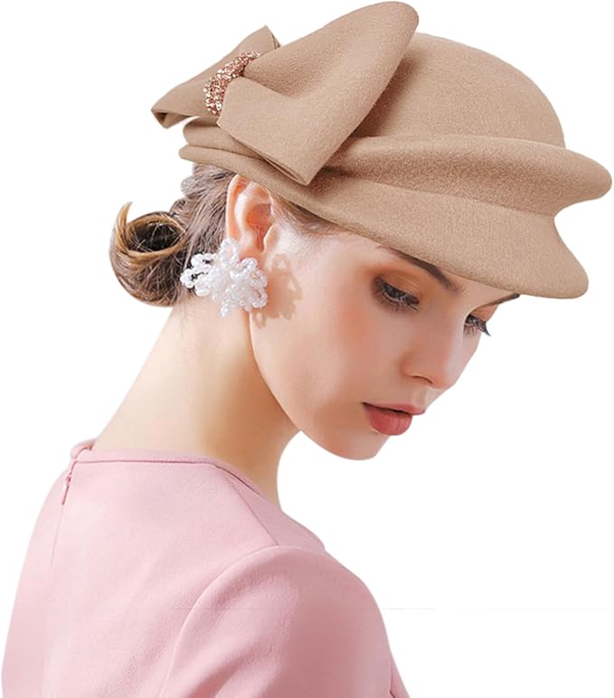 ORIDOOR Women Vintage 100% Wool Felt Flowers Bucket Cloche Bowler Hat Church Wedding Beret Hat