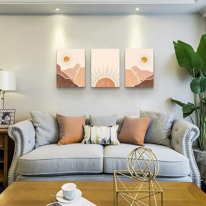 MHARTK66 Boho Wall Decor Living Room Canvas Wall Art For Bedroom Minimalist Abstract Mountain Sunshine Wall Paintings Wall Decorations For Girl Room Office Wall Decor Pictures Home Decor 3 Piece