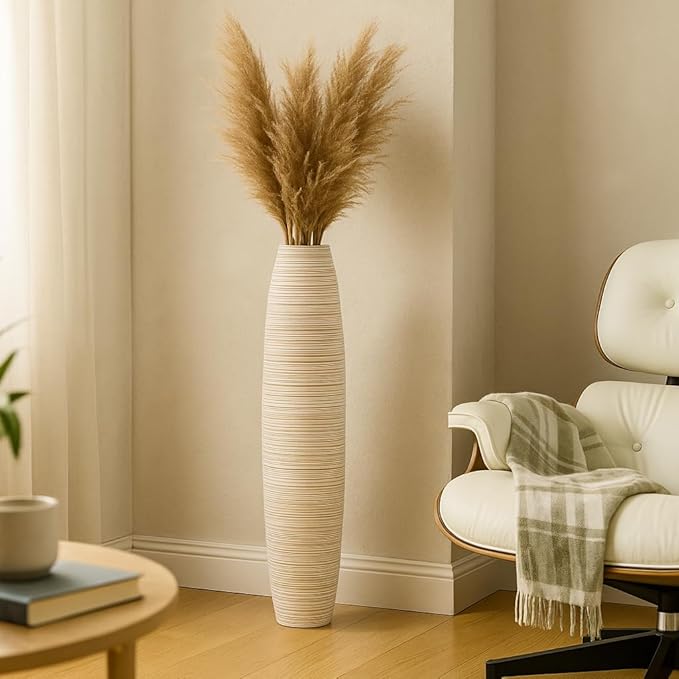Leewadee Large White Home Decor Floor Vase - Wooden 26 inch Tall Farmhouse Decor Flower Holder for Fake Plant and Pampas Grass