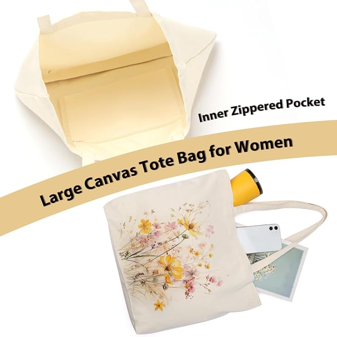 Aesthetic Floral Canvas Tote Bag for Women with Pocket, Tote Bags for Grocery Shopping Travel Christmas Birthday