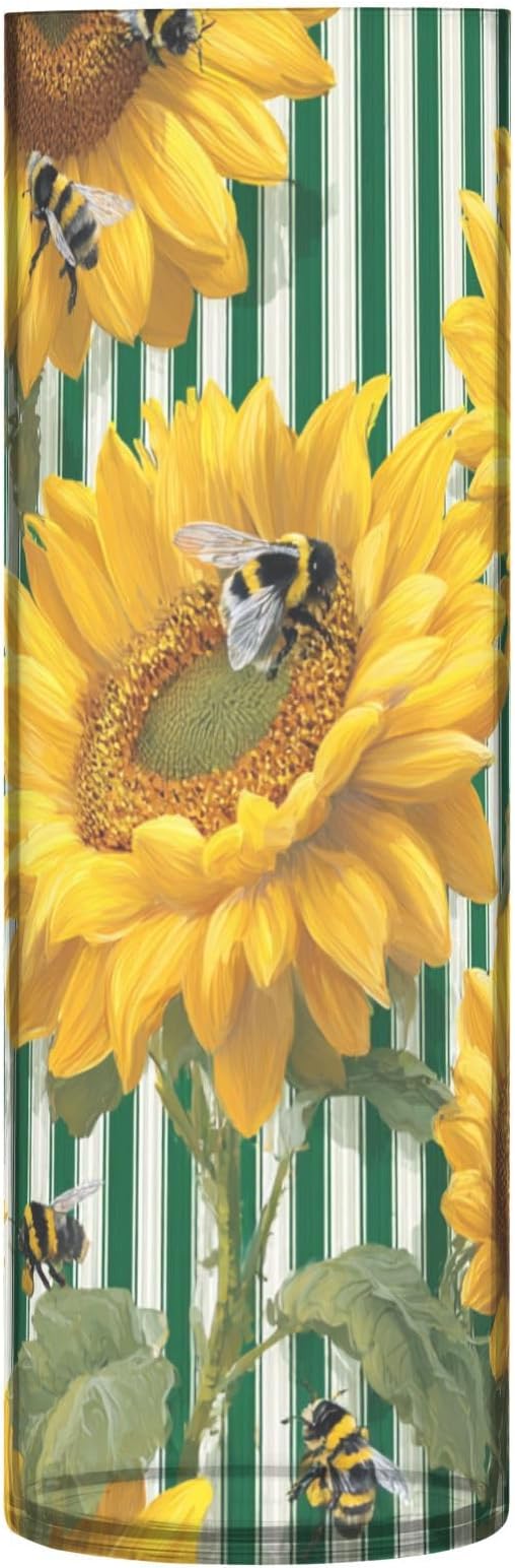 Flower Vase Clear Plastic Cylinder Vases Decor for Centerpieces Home Storage Office Weddings Green Striped Sunflowers and Honey Bees 11.8 x 3.9 in