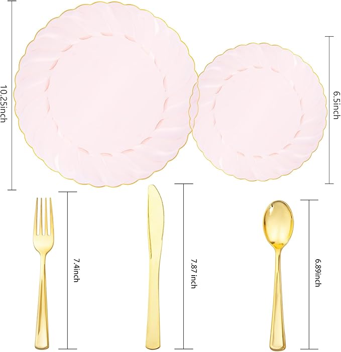 YOUBET 125Pieces Clear Pink Plastic Plates with Gold Rim - Gold Plastic Silverware Include 25 Dinner Plates 25 Dessert Plates 75 Golden Silverwares for Wedding Birthday & Parties