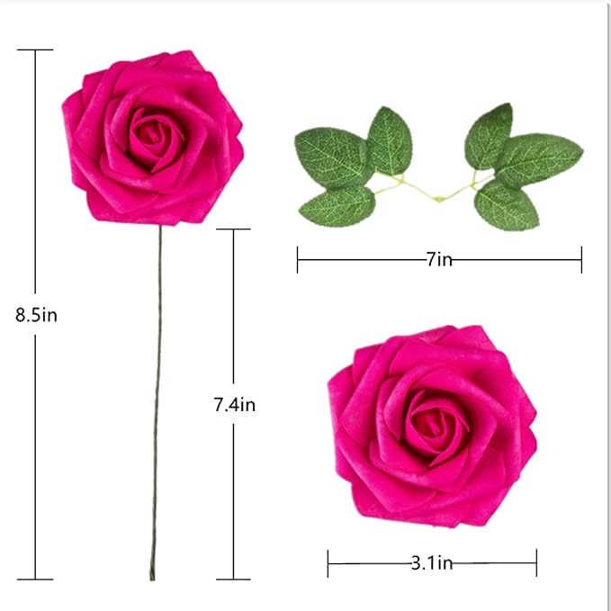 Artificial Flower Foam Hot Pink Rose 50pcs Real Looking Fake Rose with Stems Leaves for Home Decoration Party Garden Centerpieces DIY Wedding Bouquets（Hot Pink）
