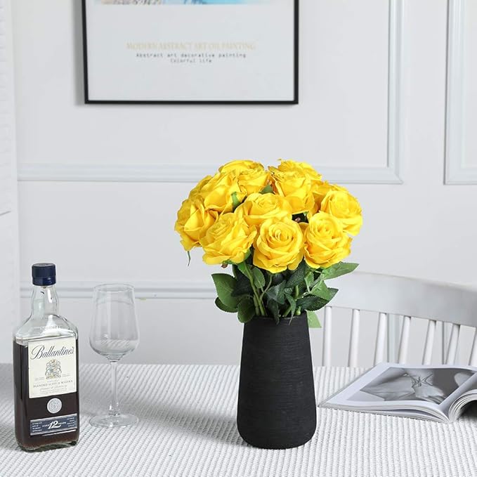 Nubry Artificial Silk Rose Flower Bouquet Lifelike Fake Rose for Wedding Home Party Decoration Event Gift 10pcs (Yellow)