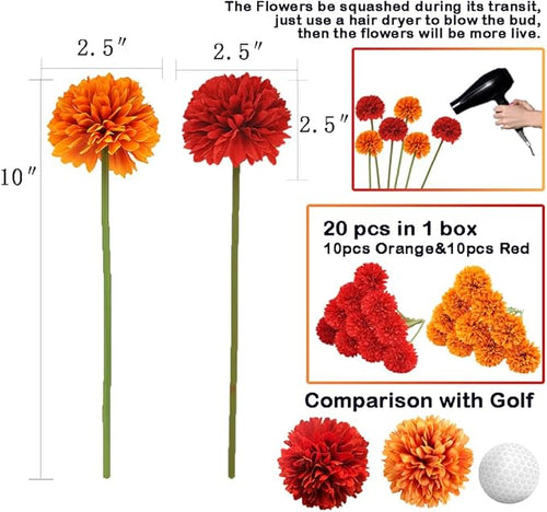 20Pcs Artificial Fake Flower Plants Silk Chrysanthemum Ball Hydrangea Arrangements Wedding Bouquets Decor Home Kitchen Garden Party Table Floral Centerpieces DIY (Red&Orange)