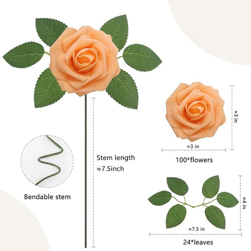 100PCS Orange Artificial Flowers Roses Real Looking Foam Fake Roses with Leaves and for DIY Wedding Bouquets Bridal Shower Centerpieces Party Decorations (Orange, 100)
