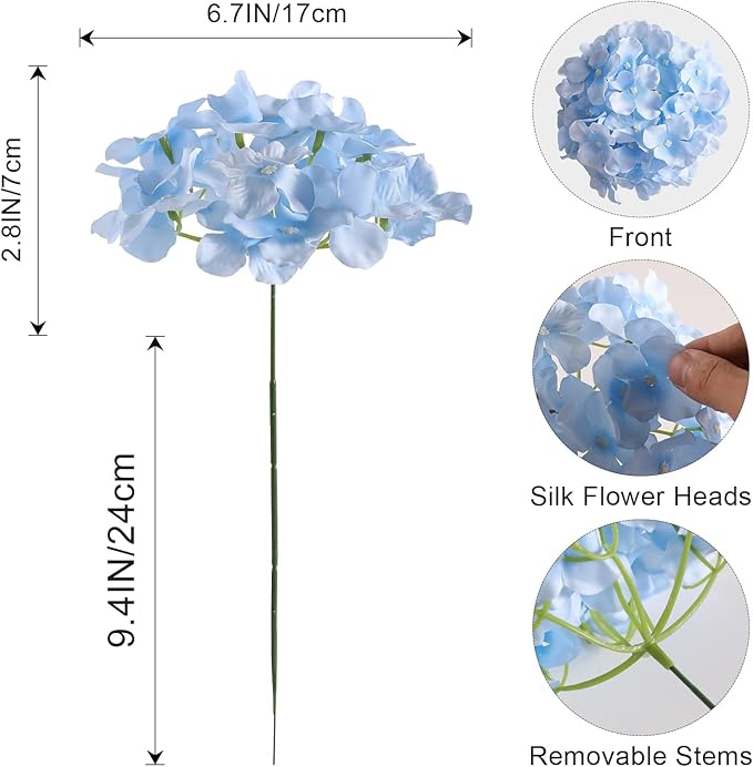 Veryhome 20Pcs Blue Hydrangea Artificial Flowers, Faux Hydrangea Flowers, Silk Flowers Heads with Stems, Fake Hydrangeas for Home Decor Wedding Party Centerpieces DIY Floral Arrangements