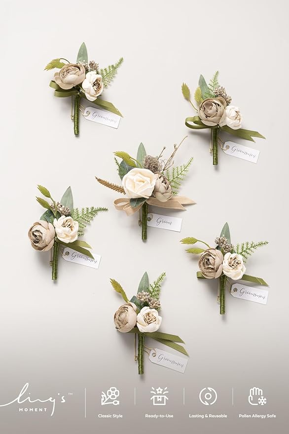 Ling's moment Boutonniere for Men, 6pcs Groom Groomsmen Boutonniere, Artificial Flowers for Wedding Decor/Prom/Homecoming, etc.Brown