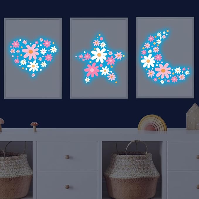 Glow in The Dark Big Daisy Wall Decals，Glowing Luminous Large Cute Daisy Wall Stickers Colorful Removable self-Adhesive Pink White Flower Decals for Girls Bedroom Kids Baby Nursery Living Room Decor