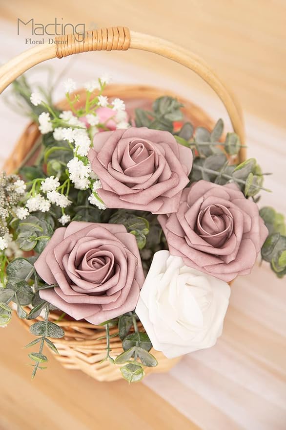 MACTING Artificial Rose Flowers 30PCS Real Touch Fake Flowers with Stem Soft Foam Roses for DIY Wedding Bouquets Table Centerpieces Baby Shower Party Spring Home Valentines Day Decor,Dusty Purple Pink