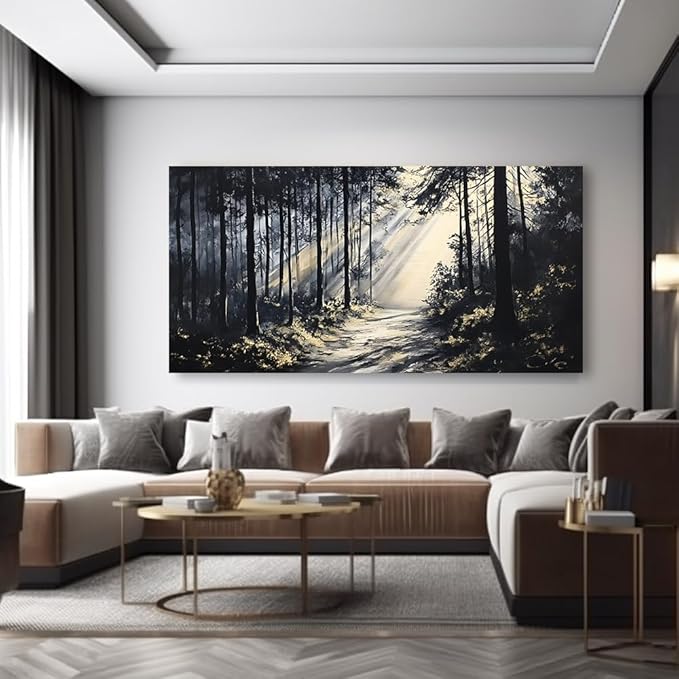 LAVIKARS Rustic Sunlight Forest Wall Art for Living Room Office Black and White Modern Landscape Canvas Painting Prints Large Nature Artwork Home Kitchen Bedroom Decor (28x58 Inches)