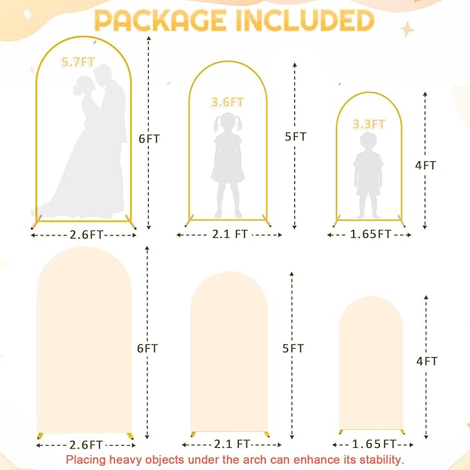 Party Arch Backdrop Stand and Cover Set of 3 (6FT, 5FT, 4FT) Metal Arch Frame Balloon Party Backdrop Arches Stand with Beige Arched Covers Stretchy Backdrops for Baby Shower Birthday Ceremony Decor