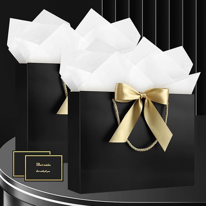 JMANNI Gift Bag, Medium Gift Bags with Tissue Paper, 2Pcs Gift Bags Medium Size with Handle and Bow Ribbon for Any Birthday,Weddings, Mothers Day & Special Occasion 11''x7.87''x4''(Black)