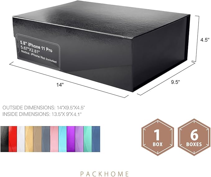 PACKHOME Large Gift Box with Lid 13.5x9x4.1 Inches, Sturdy Collapsible Gift Box with Magnetic Closure (Glossy Black, Grass Texture)