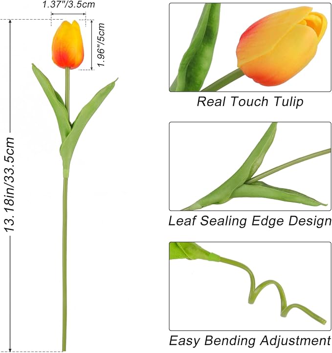 Tulips Artificial Flowers 20 Pcs Orange Fake Tulip Stems Real Touch PU Tulips for Easter Spring Wedding Bouquet Home Centerpiece Floral Arrangement Table Décor