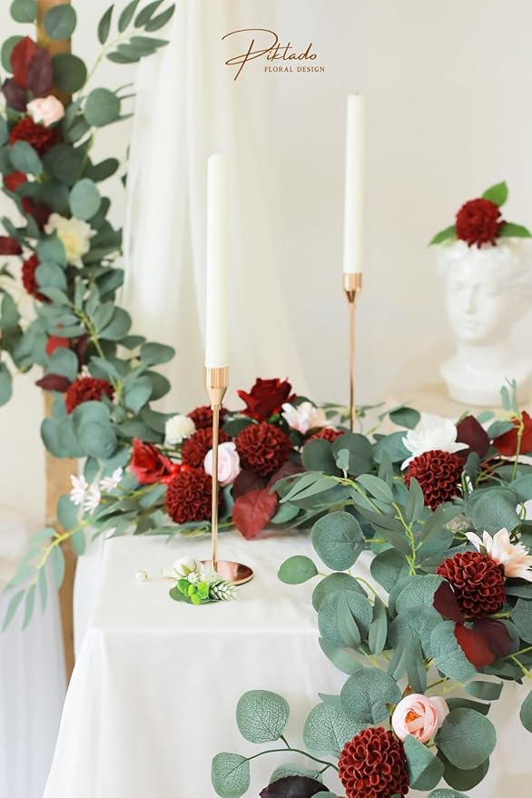 Artificial Wedding Dahlia Flowers 25 pcs Fake Roses w/Stem for DIY Wedding Decor Centerpieces Arrangements Bouquets (Burgundy)