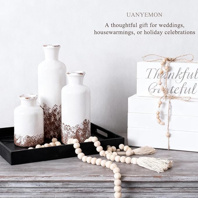 Ceramic Vase Set of 3 - Modern Decorative Vases for Home Decor, Rustic Farmhouse Boho Vases for Living Room, Mantel, Dining Table, Bookshelf, Kitchen or Entryway Decoration