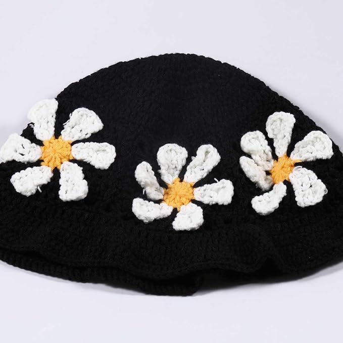 Crochet Bucket Hat for Women Flower Knit Hat Hollow Out Foldable Cap Hats