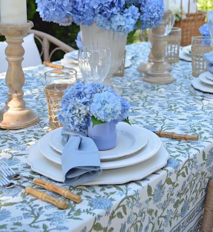 ATOSII Mahoka Blue 100% Cotton Rectangle Tablecloth, Handblock Floral Print Linen Table Cloth for Kitchen Dining I Parties, Outdoors, Weddings, Holidays, Summer I 72 X 108 Inches I 8 Seater