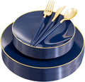 Liacere 150PCS Blue Plastic Plates - Gold Plastic Silverware with Blue Handle - Navy Disposable Plates Include 30 Guests Plates,Forks,Spoons,Knives for Hanukkah & New Year & Hanukkah