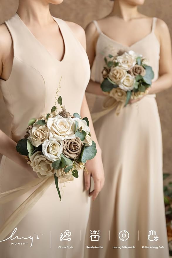 Ling's moment Bridesmaid Bouquet Set of 4, Oatmeal Beige Wedding Bouquets for Bridesmaids, 7 Inch Brown Bridal Bouquets for Bridesmaids, Wedding, Ceremony, Anniversary, etc.