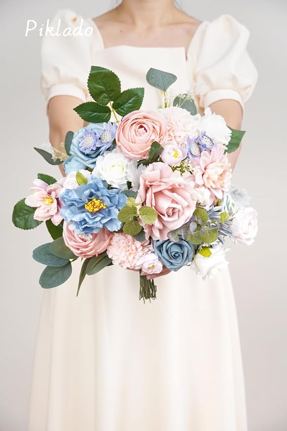 Artificial Flower Combination Box Set Artificial Flower Loose Leaves and Stems DIY Wedding Center Bouquet Bride Wedding Baby Shower（Nostalgia Blue Powder）