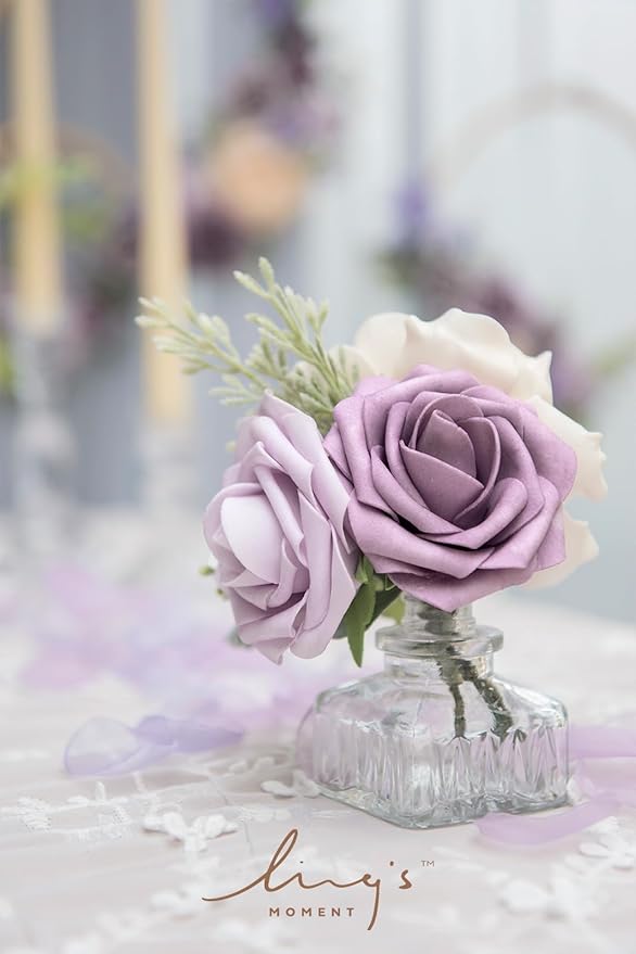 Ling's moment Artificial Flowers 25Pcs Dusty Violet Roses Decor w/Stems,3" Real Touch DIY Foam Floral for Wedding Bouquet/Centerpieces, Outdoors Party Backdrop, Room/Table, and Garden/Pot Decorations