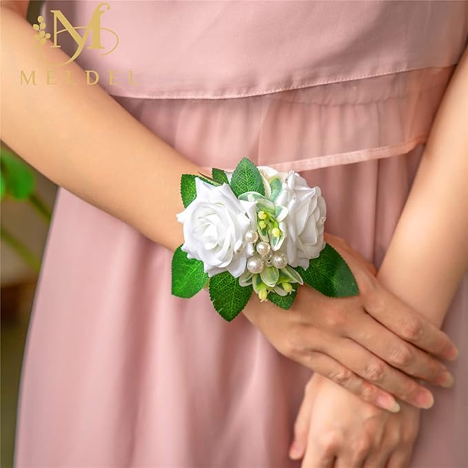 Meldel White Wrist Corsage for Prom, Set of 2, Iovry Wrist Flower for Bride Bridal Bridesmaid Mother Rustic Fall Wedding Party, Rose Hand Flower for Girl Homecoming Ceremony