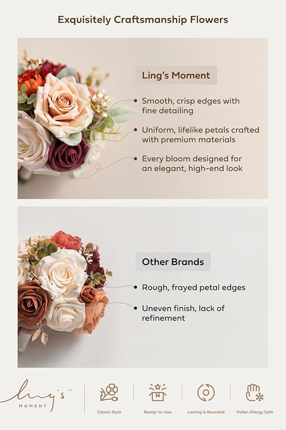 Ling's moment Artificial Flowers Pink Bridesmaid Bouquet Set of 6, Blush & Cream Wedding Flowers Bouquets for Bridesmaids, 7 Inch Bridal Bouquets for Bridesmaids, Wedding, Ceremony, Anniversary, etc