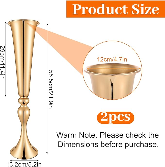 JIEYAO 2 Pcs 22" Tall Gold Vases for Centerpieces, Metal Trumpet Flower Stand Table Decoration Vase for Wedding Party Arrangement