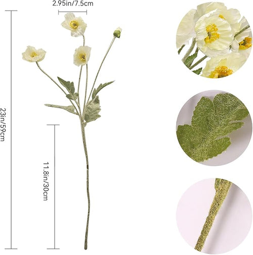 12PCS Poppy Flowers Artificial 23" Real Touch Stems Faux Poppies Silk Flowers for Home Decor Indoor (White)
