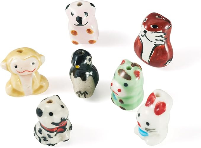 Beadthoven 7Pcs Animals Ceramic Beads, Assorted Printed Handmade Porcelain Beads Colorful Pattern Cow Rabbit Dog Penguin Loose Craft Spacers for DIY Crafts Bracelet Earring Necklace Jewelry Making