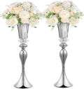 LANLONG Silver Metal Trumpet Vase, 22in Wedding Reception Centerpiece, 2Pcs Set, with Crystal Bead for Home Decor
