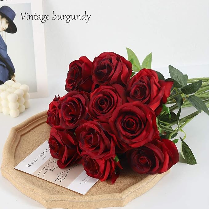 Laelfe 12 PCS Artificial Flowers Roses Silk Flowers Fake Long Stem Artificial Roses for Home Wedding Bathroom Kitchen Decorations (Gradient Burgundy)