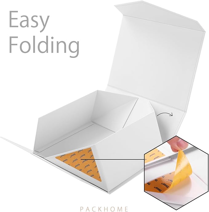 PACKHOME Gift Box 9x6.5x3.8 Inches, Rectangle Collapsible Box with Magnetic Lid for Gift Packaging (Matte White, Grain Texture)