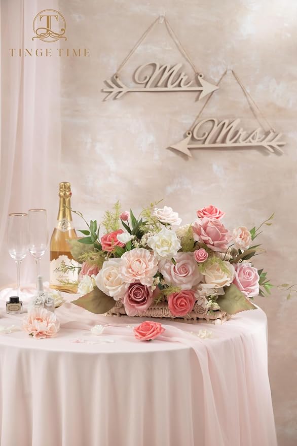 TINGE TIME Artificial Flowers Combo Mix Silk Flowers Pink Roses w/stem for DIY Wedding Bridal Bouquets Baby Shower Floral Arrangement Table Centerpieces Home Decorations (Pink & Champagne)