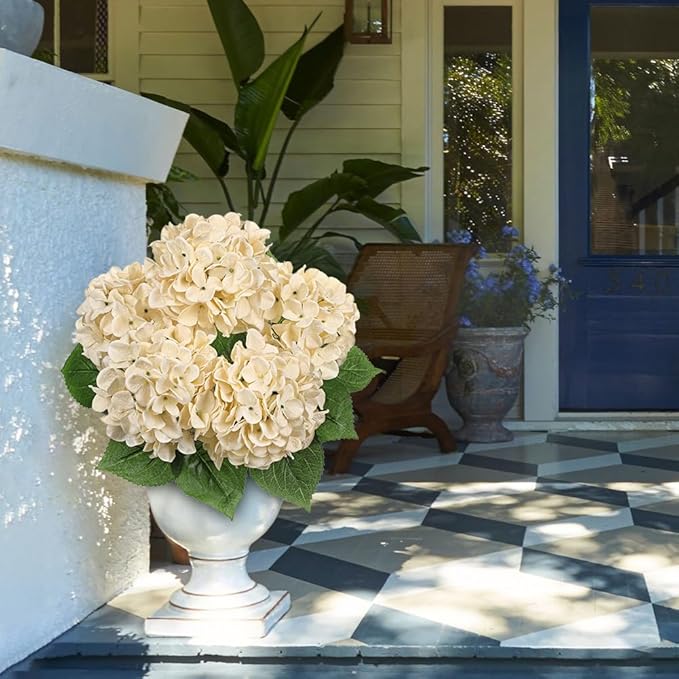 Hollyone Beige Hydrangea Artificial Flowers Large Artificial Hydrangeas Silk Flowers for Home Decor Indoor Wedding Flowers Bouquets Faux Flowers Kitchen Centerpiece Table Decorations