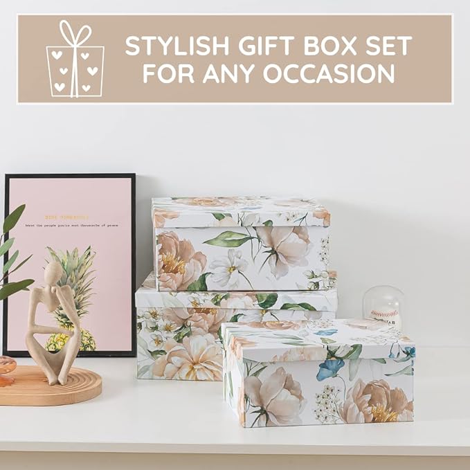 Soul & Lane Decorative Cardboard Storage Boxes with Lids for Home Decor and Organization, Set of 3 Large Keepsake Boxes for Memories & Gifts, Nesting Floral Photo Storage Containers, Floral Revival