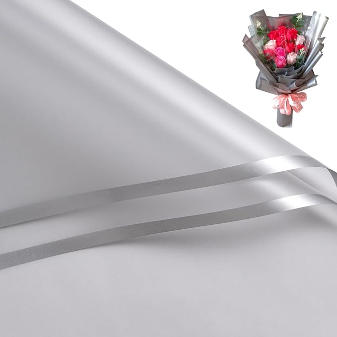 WRAPAHOLIC 20 Sheets Flower Wrapping Paper - 22.4 x 22.4 inch Silver Border Water-Resistant Floral Bouquet Wrapping Paper, Florist Supplies Packaging Paper for Wedding Birthday Gift DIY