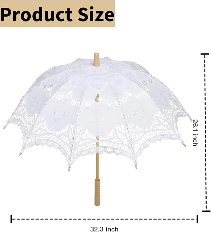 Lace Parasol Umbrella 32 Inch – Victorian Style Bridal Wedding Sunshade for Women, Lace Umbrella for Photoshoot, Tea Party, Costume, Outdoor Decoration