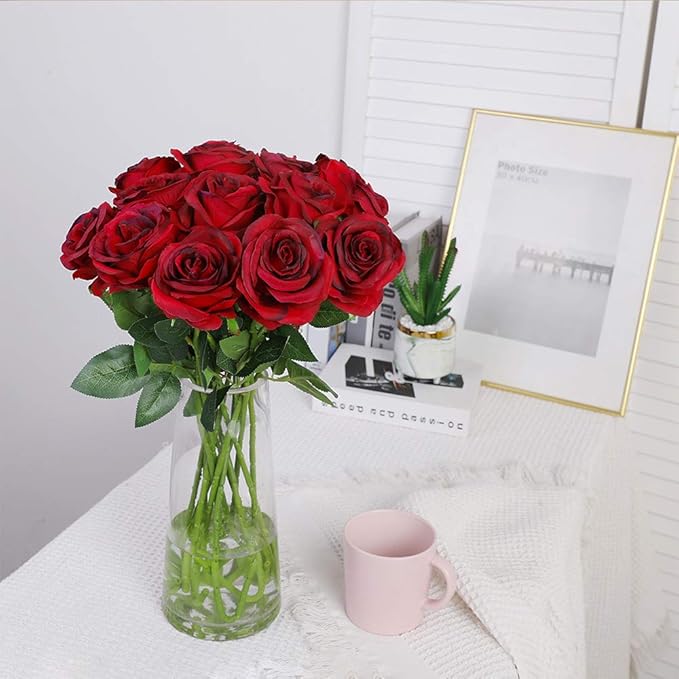 Nubry Artificial Silk Rose Flower Bouquet Lifelike Fake Rose for Wedding Home Party Decoration Event Gift 10pcs (Wine Red)
