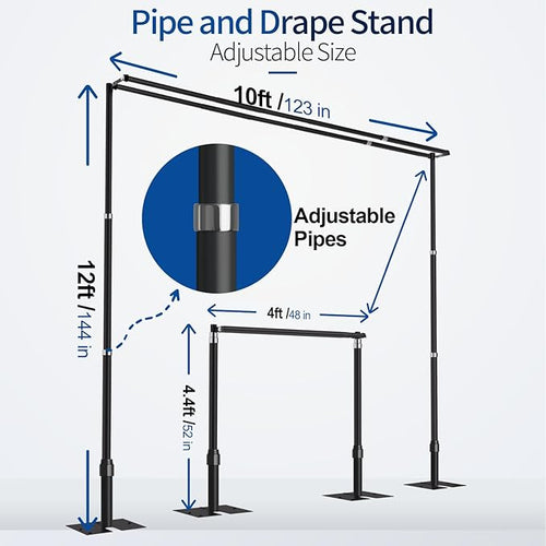 12x10ft Pipe and Drape Backdrop Stand, Double Crossbar, Heavy Duty Adjustable Background Frame with Metal Base for Parties Photography Wedding Photoshoot Decoration - Black