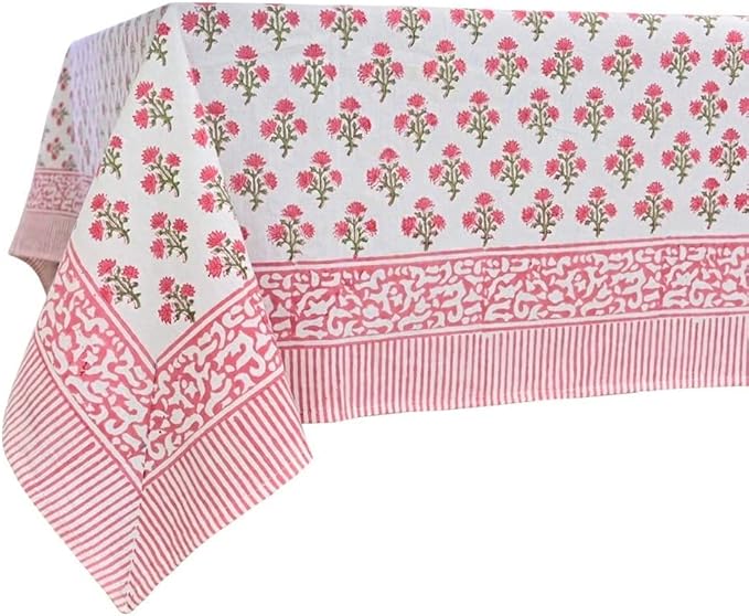 ATOSII Gulbahar White Pink 100% Cotton Fall Rectangle Tablecloth, Hand Block Print Washable Table Cover, Christmas Parties Buffet Dining, Weddings, Thanksgiving, Easter Decor 72 X 140 Inches 12 Seater