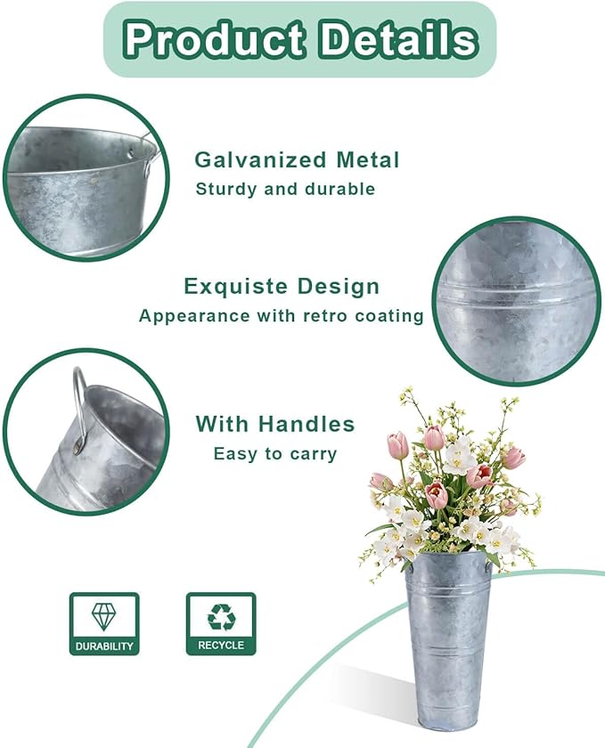 9 Inch Galvanized Metal Vases for Flowers - 6 Pcs Farmhouse Decorative Tall Flower Bucket with Handles, Rustic French Tin Planter Buckets for Wedding Decor (Silver)