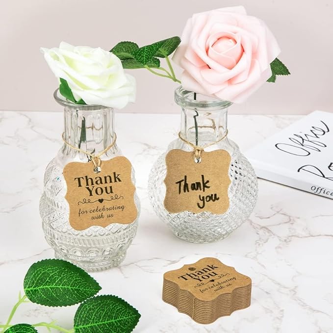 SallyFashion 150 PCS Thank You Brown Gift Tags with String, 2 x 3 Inches Paper Gift Tags for Party Favors Weddings, Bridal and Baby Showers Birthdays