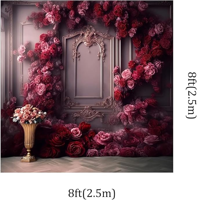 Kate 8x8ft Pink Red Rose Flowers Decoration Photography Backdrops Modern Interior European Style Wall Photo Background Wedding Portrait Backdrop Shooting